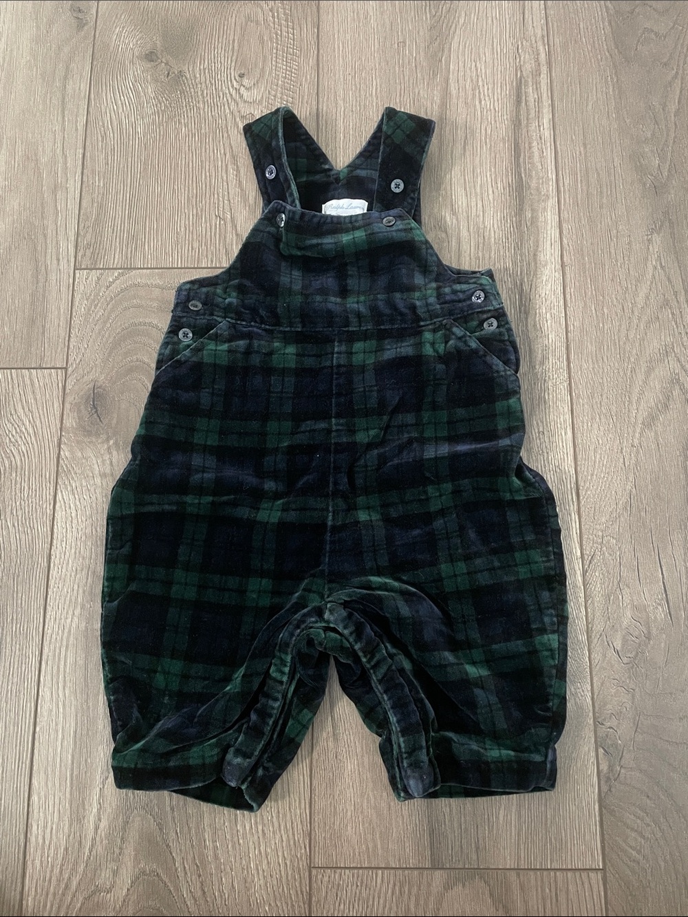Ralph Lauren Baby Green & Black Plaid Velvet Overalls Sz:6-9M